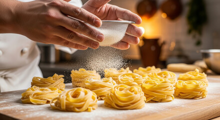 Close-up of a chef's hands sprinkling flour with a sieve onto fresh homemade tagliatelle pasta on a wooden board in a warm kitchen.