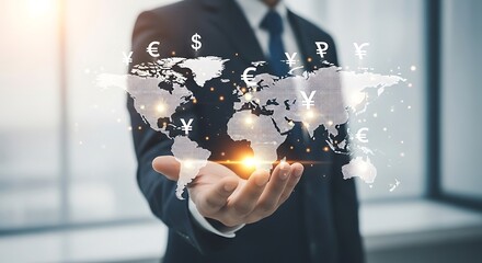 Businessman holding world map with currency symbols in his open palm finance global