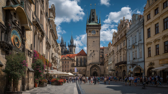 Old Town Square with astronomical clock and tourists