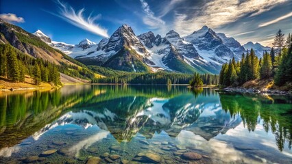 Fototapeta premium Clear Mountain Lake Reflecting Snow Capped Peaks