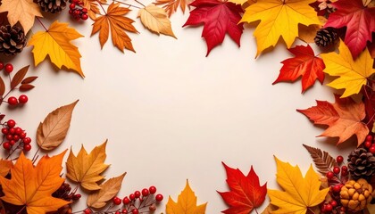 Fototapeta premium Autumn leaves and pine cones display nature setting seasonal decor colorful arrangement top-down view fall aesthetic