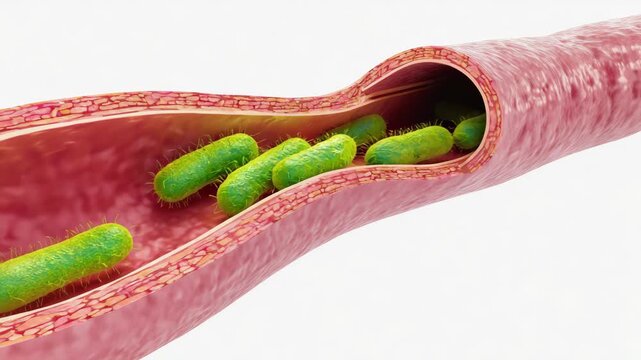 Medical visualization depicting rod-shaped bacteria infecting a blood vessel, highlighting the process of bacteremia or blood poisoning within the circulatory system