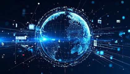 Obraz premium Glowing blue Earth surrounded by digital network of lines and nodes—dark background emphasizes global connectivity and data exchange in the digital age.