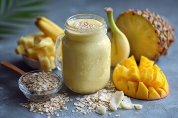 Refreshing Mango Pineapple Banana Smoothie in a Mason Jar with Oatmeal Ingredients