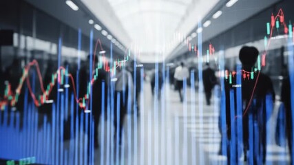 Dynamic Stock Market:  Fluctuating Graphs Overlay Busy City Corridor - Powered by Adobe