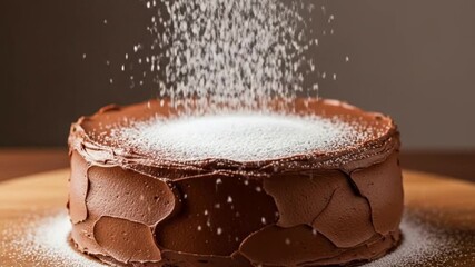Icing sugar being dusted over chocolate cake