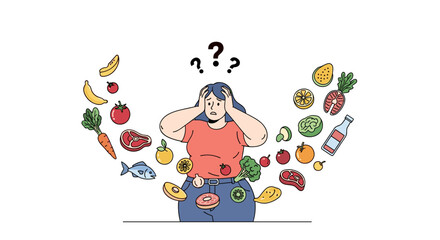 Fototapeta premium Confused woman surrounded by various food choices struggling with decision making about healthy eating and dieting