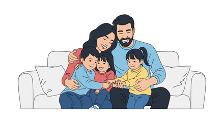 A happy family of four enjoying quality time together on a comfortable couch embracing each other warmly