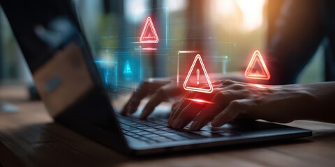 The hands of a user engaged with digital security alerts on a laptop.
