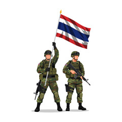 Vector illustration of two patriotic Thai soldiers in full gear, one holding the national flag, represents the country's armed forces and defense, Thai soldiers.