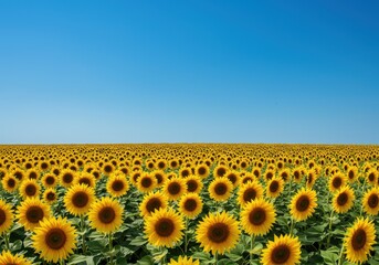 Obraz premium Bright yellow sunflowers stretch toward the summer sun, creating a beautiful and vast agricultural landscape under a blue sky