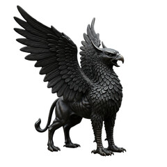 Obraz premium A gleaming dark bronze griffin figurine with powerful unfurled wings, a fierce expression, and a majestic leonine body, showcasing intricate textures against an isolated transparent background,