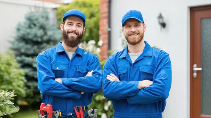 Two smiling male mechanics in blue overalls and tool belts ready to provide expert service and solutions to clients