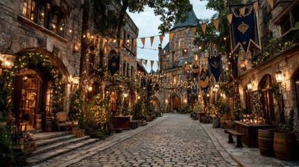 Obraz premium A marketplace decorated with ribbons, flags, and glowing string lights.
