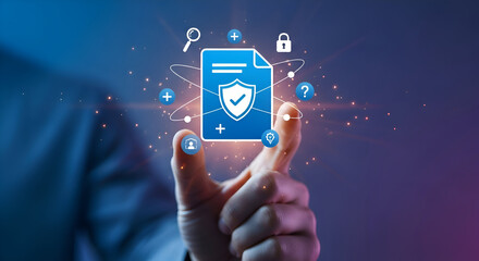 Hand holding a digital document with a shield and checkmark surrounded by icons in a blue light