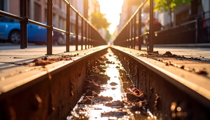 Following Rusty City Tram Tracks Toward Sunlight