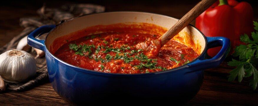 The vibrant tomato sauce simmering in a blue pot with fresh ingredients. - Powered by Adobe