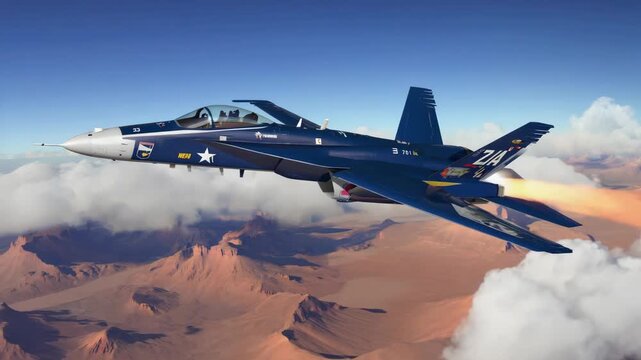Modern military jet plane soaring above the desert landscape and fluffy clouds, showcasing impressive speed and agility in the vast blue sky, embodying advanced aviation technology