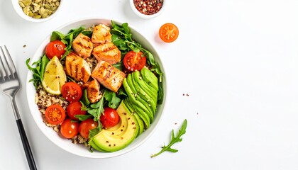 Salmon Quinoa Bowl with Avocado, Arugula, and Cherry Tomatoes on White Background