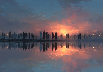 Fototapeta premium A peaceful gathering of people singing the national anthem under the morning sun