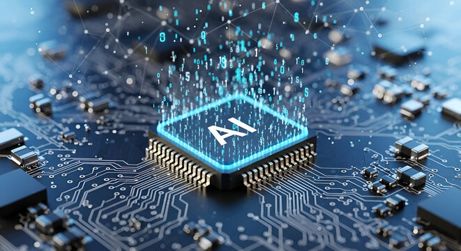 A close up of a computer chip with ai written on it and digital numbers floating above it