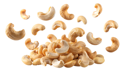 Pile of delicious and healthy cashews falling and flying isolated on transparent background, a nutritious snack and ingredient