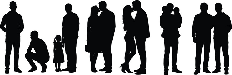 Silhouette family moments, standing pose, squatting figures, kissing couple, holding children, embracing parents, white background, emotional bond, diverse relationships, unity