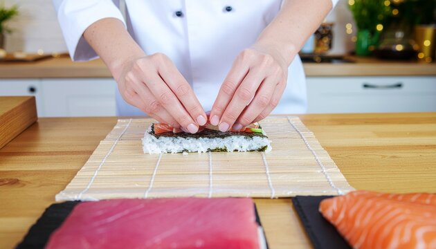 Sushi Chef's Hands Preparing Maki Roll on Bamboo Mat