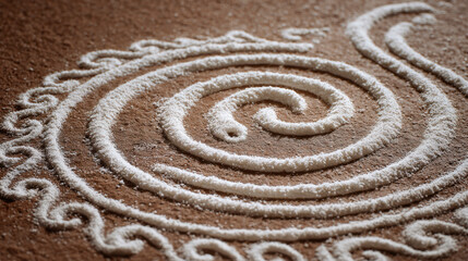 A section of a traditional kolam (rangoli) drawn with white rice flour, featuring an intricate coiled serpent pattern.