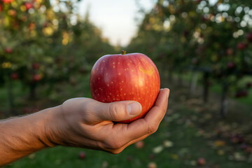 Hand offering a fresh, ripe apple straight from the orchard, promising healthy eating and the simple joys of autumn's harvest season bounty