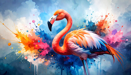 Beautiful and colorful watercolor splash painting of a pink flamingo