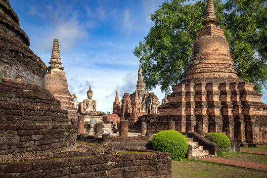 View of Wat Mahathat temple in Sukhotai Historical Park, Thailand in daylight