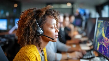 An African American woman with curly hair wears a headset and intently focuses on a glowing computer screen in a busy call center working in customer service or support - Powered by Adobe