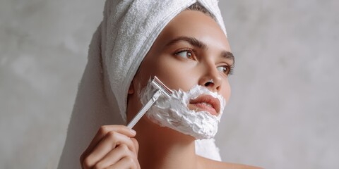 The woman applying shaving cream in a serene skincare routine.