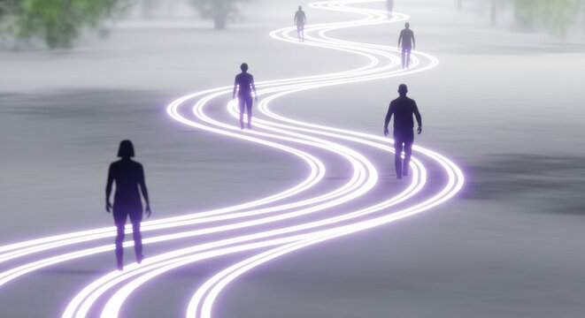 Silhouetted figures journeying on luminous paths towards an ethereal horizon in a dreamlike