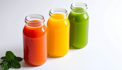 Three Vibrant Healthy Juices in Glass Bottles on White Background with Mint