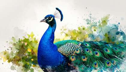 Obraz premium Beautiful and colorful watercolor splash painting of a peacock