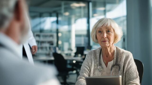 An elderly female doctor with a stethoscope and tablet converses with a male doctor while looking at the camera implying a consultation or team discussion in a clinic