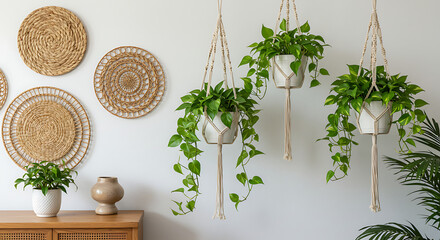 Capture bohemian-style interior featuring hanging macrame planters with lush green indoor plants like pothos or ferns. Set against a white wall with rattan or woven decor. Use soft ambient light.