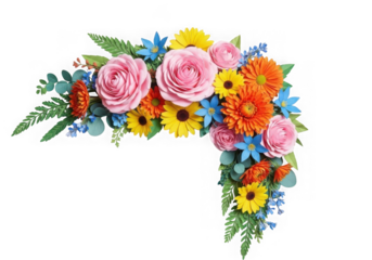 Floral arrangement roses sunflowers daisies bouquet isolated on transparent background