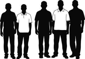 Silhouette, men, standing, row, diverse, clothing, fashion, casual, formal, isolated, white background, unity, team, group, posture, style, minimalism, contrast, identity, abstract