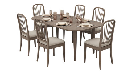 Dining table and chairs isolated on white, with wood furniture, interior, and home decor