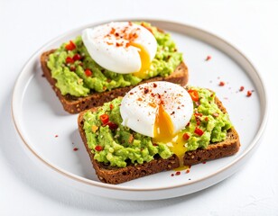 Two Avocado Toasts with Poached Eggs and Chili Flakes on a White Plate