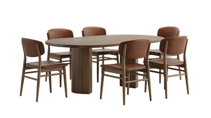 Dining table and chairs isolated on white, with wood furniture, interior, and home decor