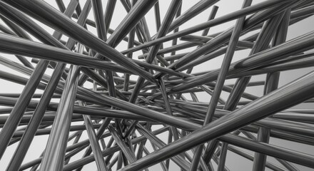 Interwoven metallic cylinders create a complex abstract design with a modern industrial feel