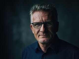Obraz premium A portrait of a mature man with gray hair wearing glasses and a blue shirt looking at the camera