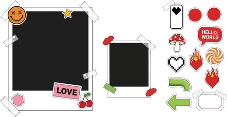 Vintage polaroids with quirky stickers, tape, and blank space for your memories