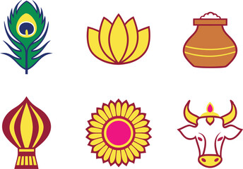 Janmashtami Smarta Clipart Set with Krishna Festival Elements. Traditional Janmashtami Smarta Illustration Collection for Festive Use. Bright Janmashtami Smarta Festival Design Set with Puja Symbols. 