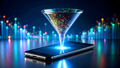 A glowing funnel directs a cascade of colorful digital information into a smartphone, symbolizing connectivity and flow.
