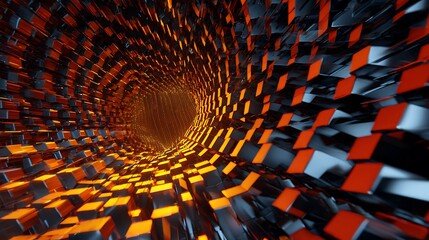 Abstract futuristic tunnel background with light and motion blur effect creating a sense of speed and dimension in a digital space with cubes